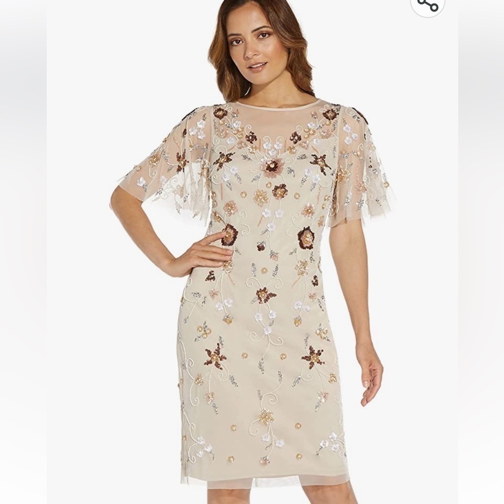 Adrianna Papell Beige Embroidered Midi Dress with Sheer Capelet